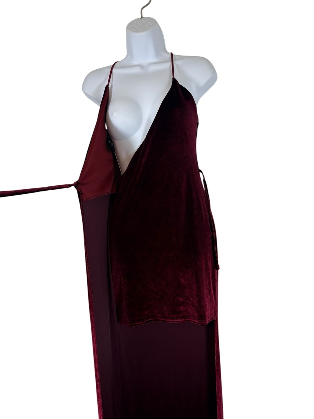Missguided Burgundy Velvet Faux Wrap Maxi Dress High Slit Spaghetti Strap US 4 - Picture 7 of 13